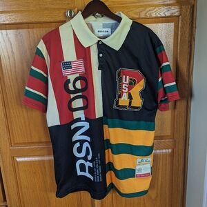 Reason brand USA all over print polo t shirt Men size XL multicolor red striped